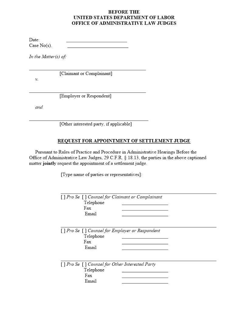Request For Appointment Of Settlement Judge (OALJ) | Pdf Fpdf Doc Docx | Official Federal Forms