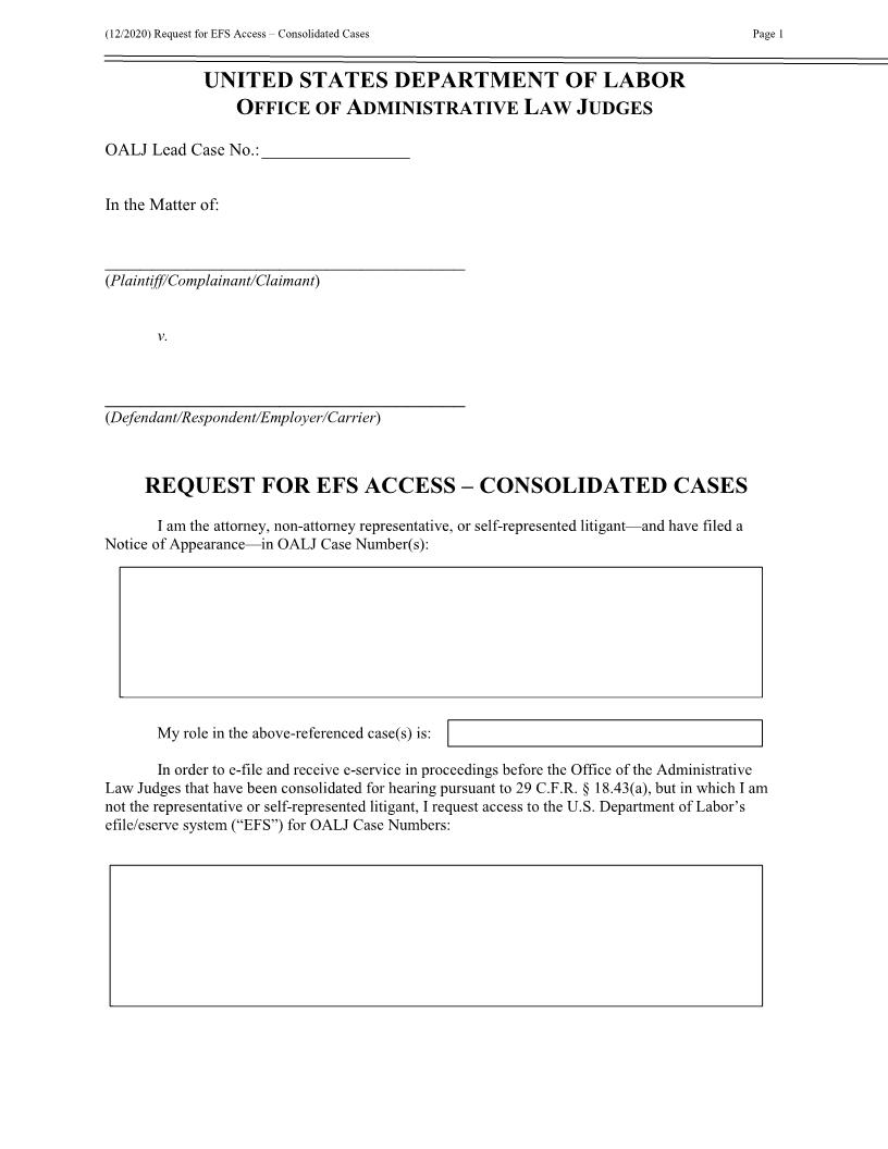 Request For EFS Access–Consolidated Cases (OALJ) | Pdf Fpdf Docx | Official Federal Forms