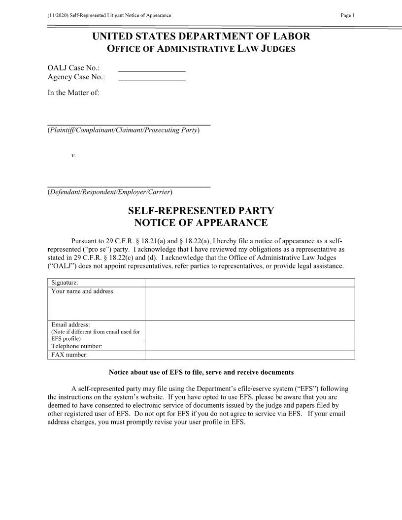 Self-Represented Party Notice Of Appearance (OALJ) | Pdf Fpdf Docx | Official Federal Forms