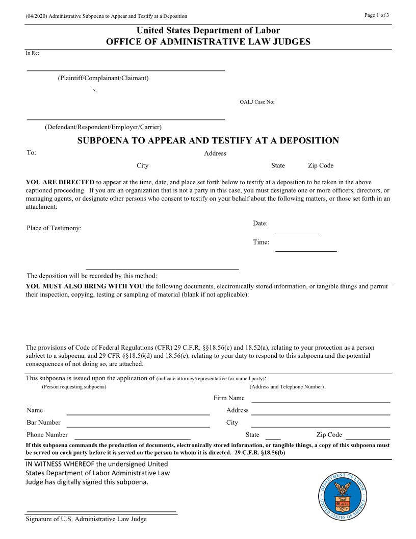 Subpoena To Appear And Testify At A Deposition (OALJ) (For Email Processing) | Pdf Fpdf Docx | Official Federal Forms