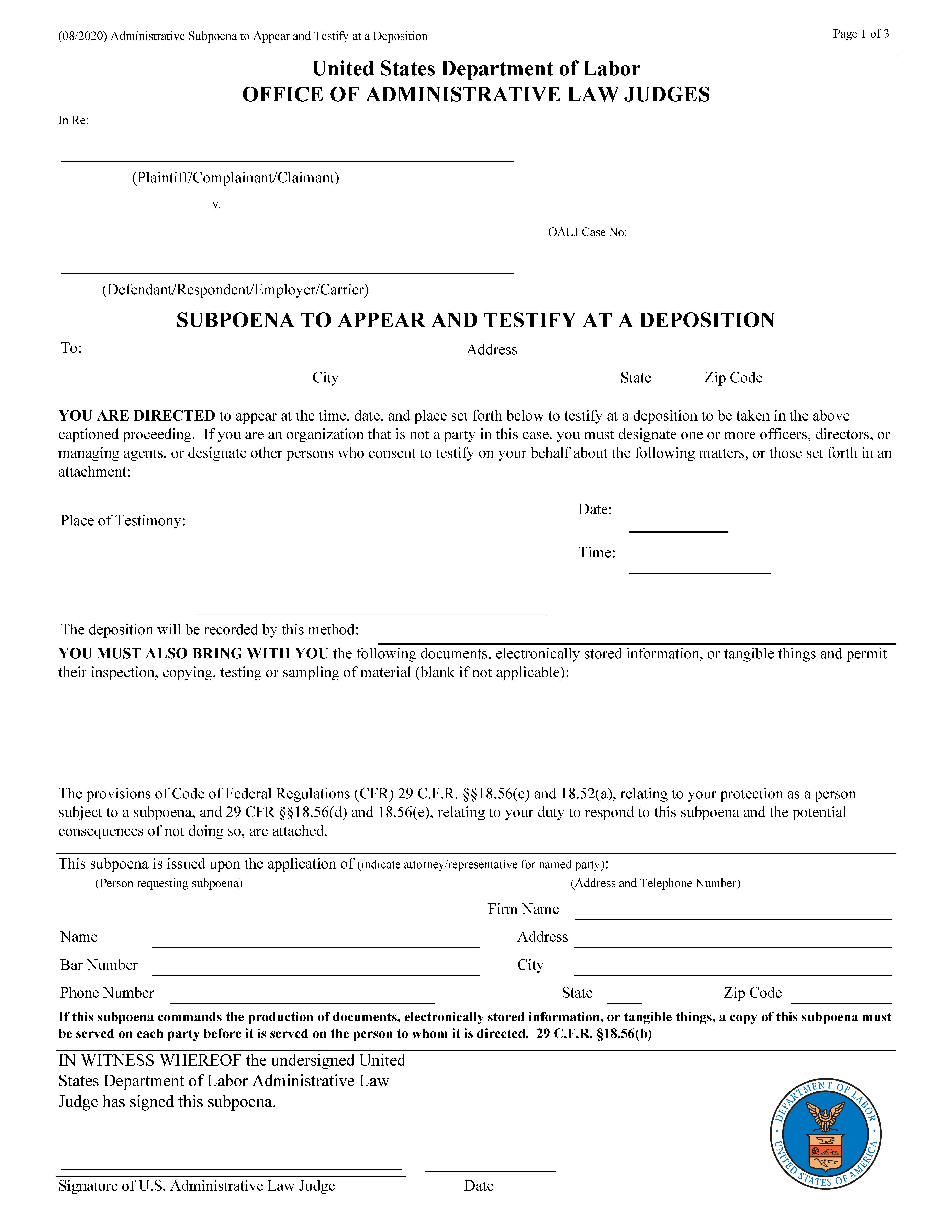 Subpoena To Appear And Testify At A Deposition (OALJ) (Hard Copy Requests) | Pdf Fpdf Doc Docx | Official Federal Forms