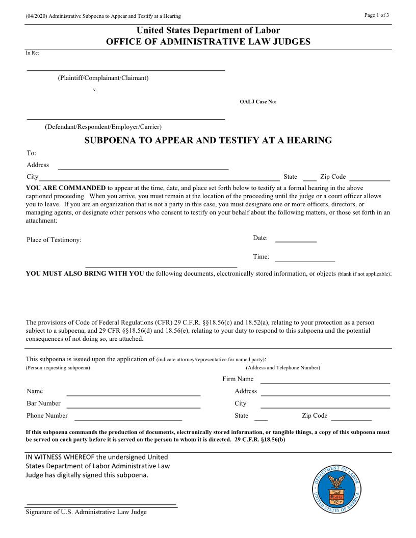 Subpoena To Appear And Testify At A Hearing (OALJ) (For Email Processing) | Pdf Fpdf Docx | Official Federal Forms