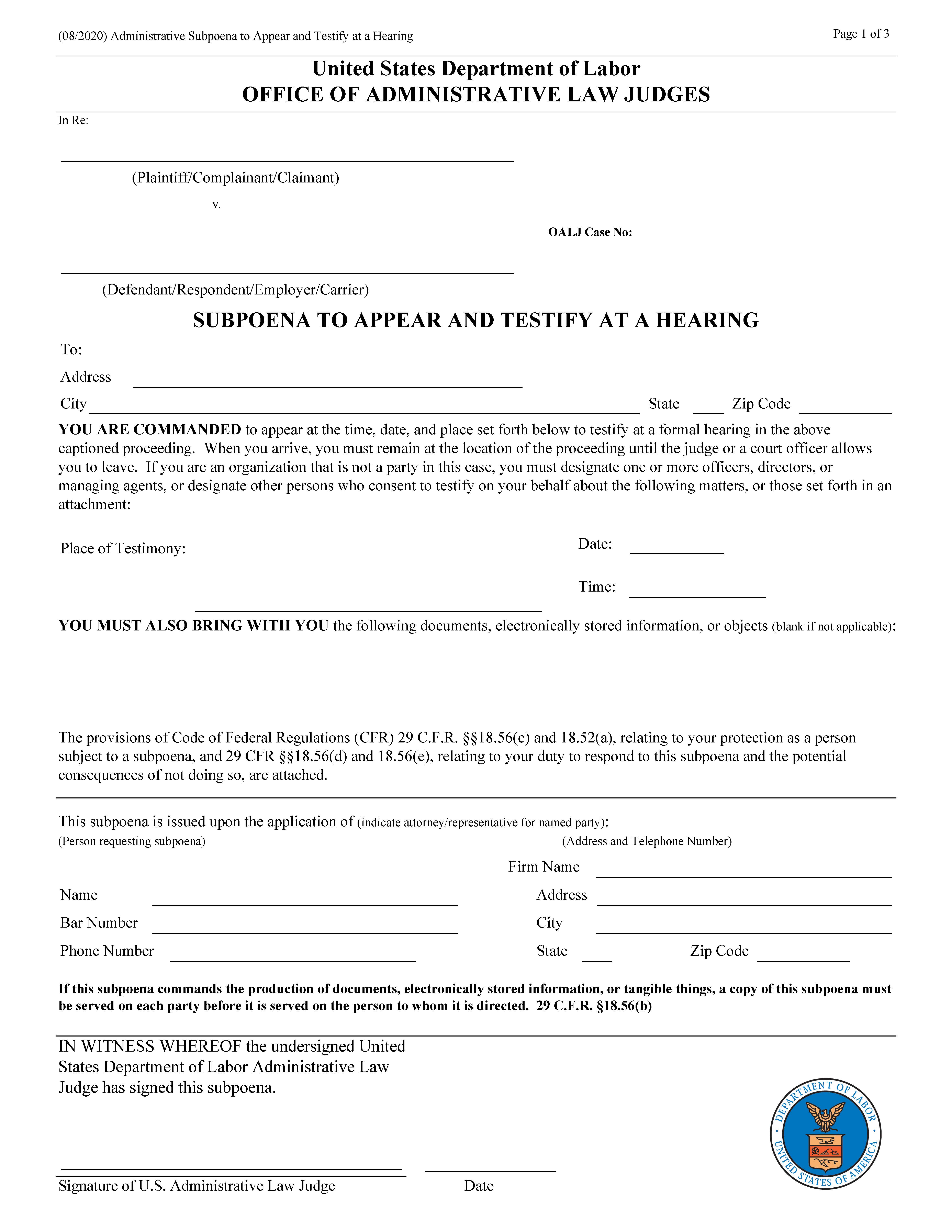 Subpoena To Appear And Testify At A Hearing (OALJ) (Hard Copy Requests) | Pdf Fpdf Doc Docx | Official Federal Forms