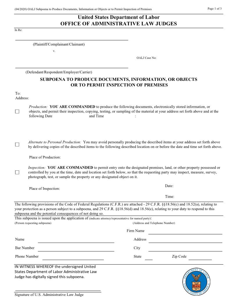 Subpoena To Produce Documents Information Or Objects (OALJ) (For Email Processing) | Pdf Fpdf Docx | Official Federal Forms