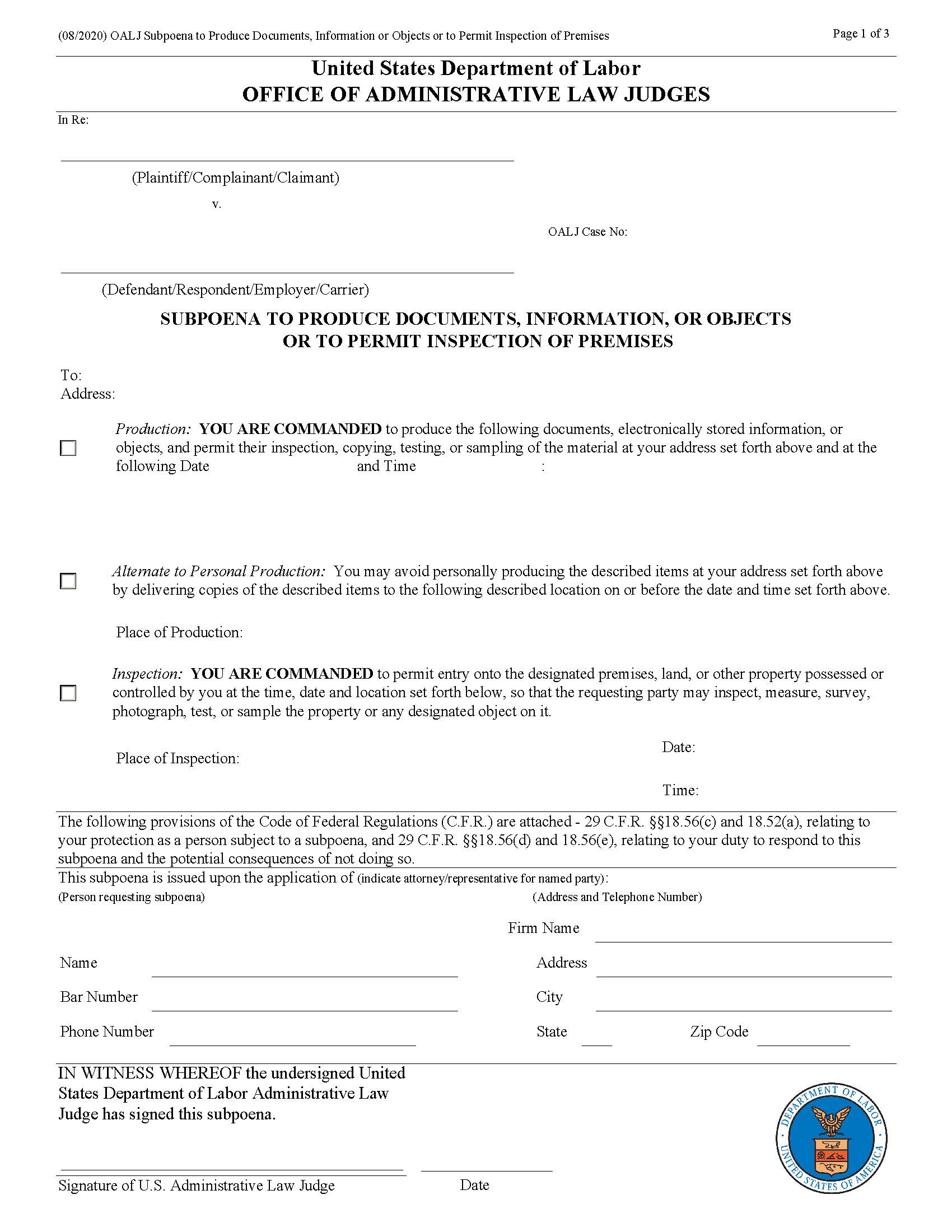 Subpoena To Produce Documents Information Or Objects (OALJ) (Hard Copy Requests) | Pdf Fpdf Doc Docx | Official Federal Forms