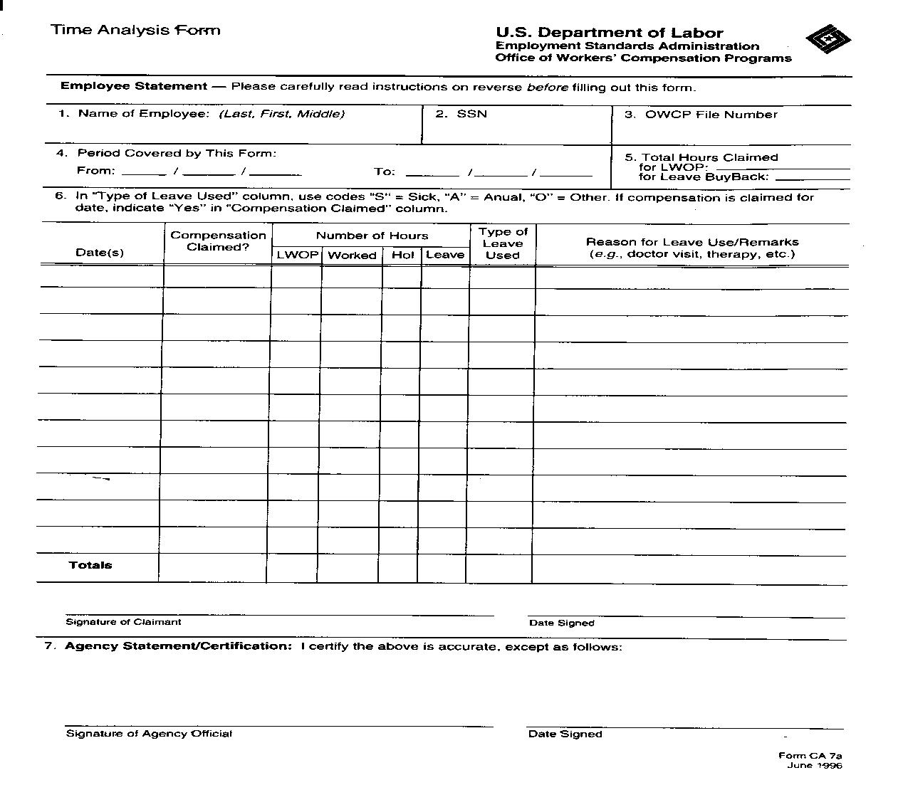 Time Analysis Form {CA-7A} | Pdf Fpdf Doc Docx | Official Federal Forms