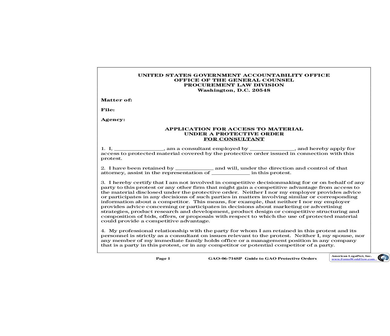 Application For Access To Material Under A Protective Order (Consultant) {GAO-06-716SP} | Pdf Fpdf Doc Docx | Official Federal Forms