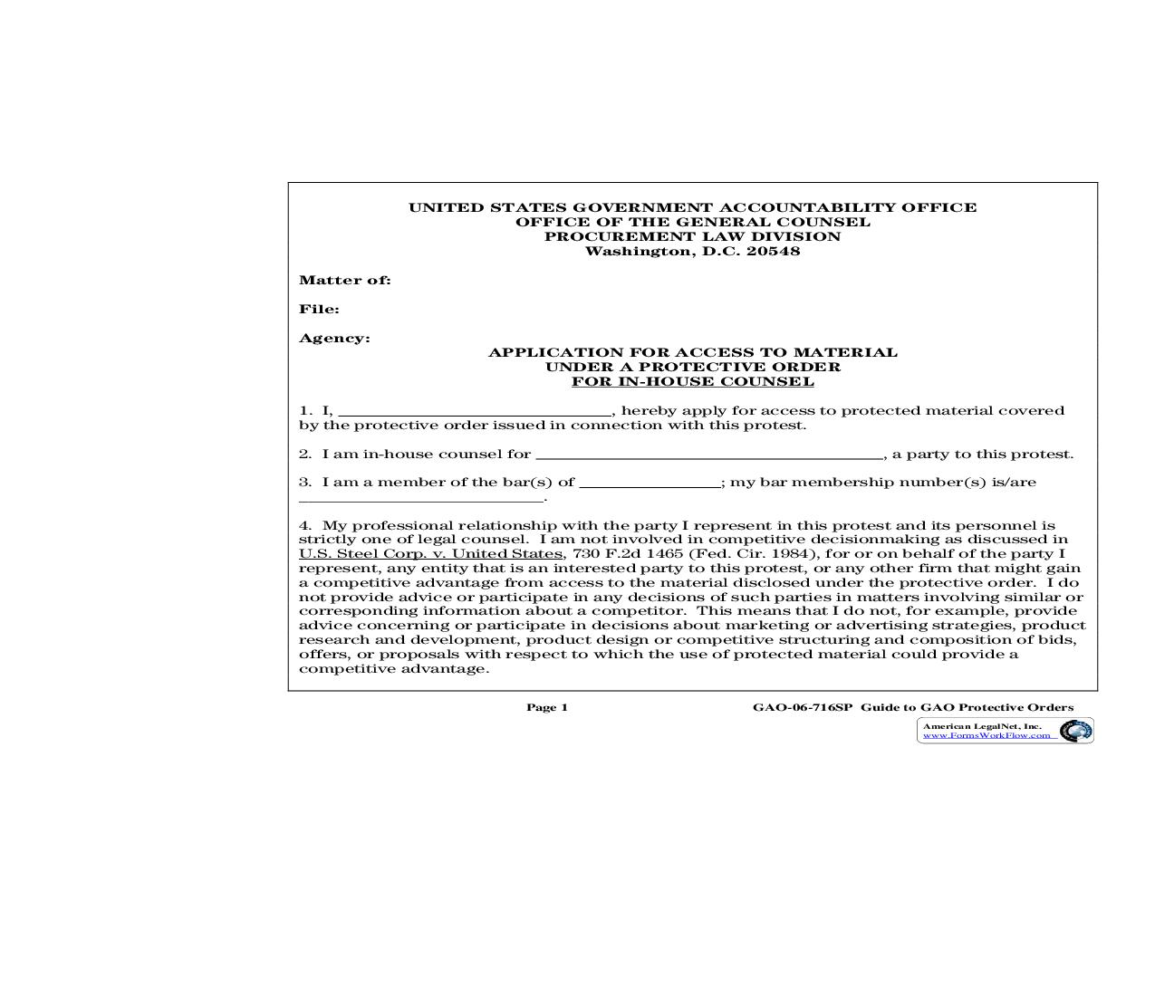 Application For Access To Material Under A Protective Order (In-House Counsel) {GAO-06-716SP} | Pdf Fpdf Doc Docx | Official Federal Forms