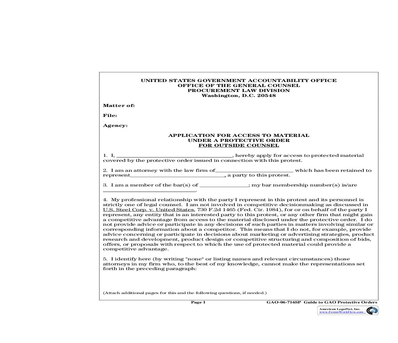 Application For Access To Material Under A Protective Order (Outside Counsel) {GAO-06-716SP} | Pdf Fpdf Doc Docx | Official Federal Forms