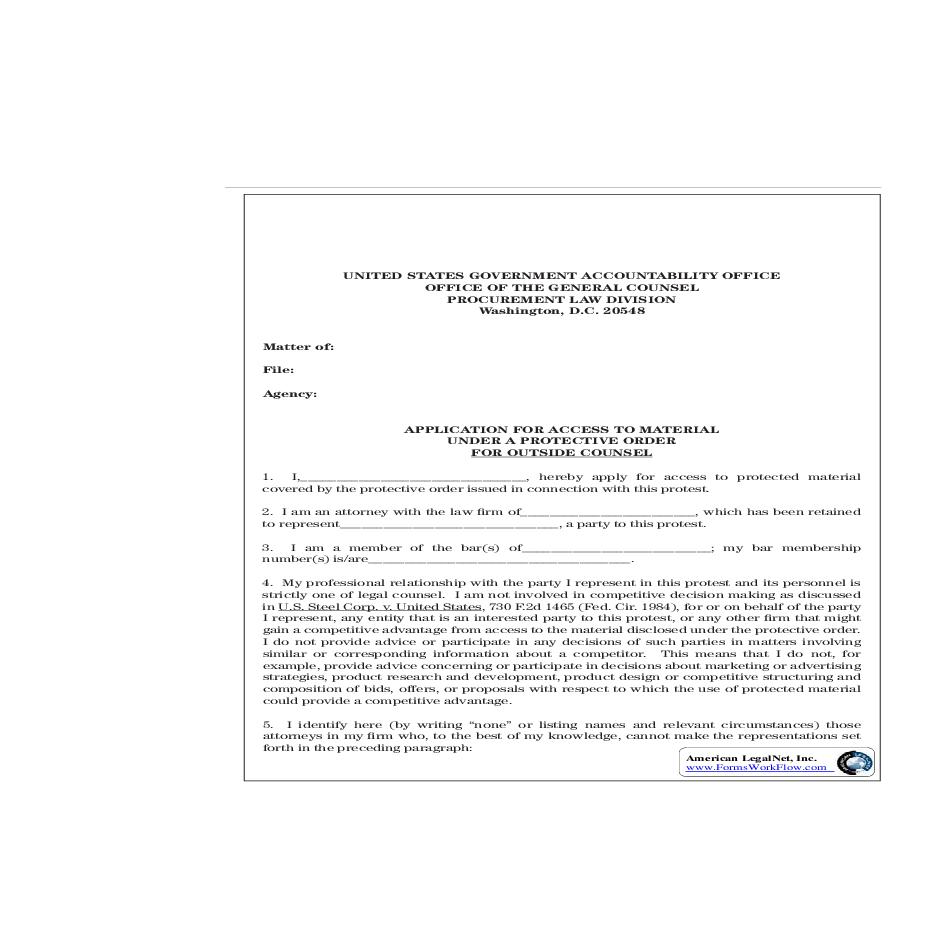 Application For Access To Material Under A Protective Order (Outside Counsel) {GAO-09-471SP} | Pdf Fpdf Doc Docx | Official Federal Forms