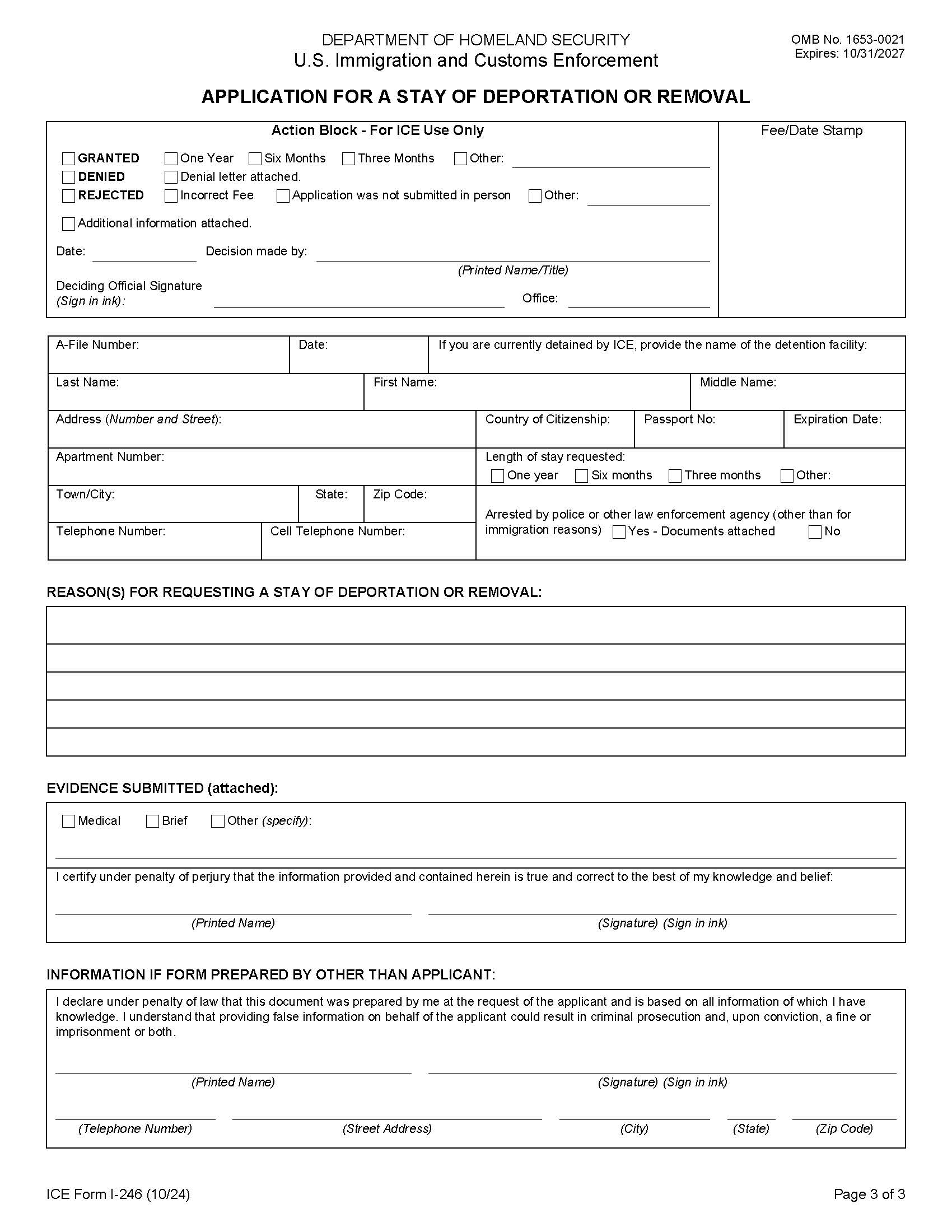 Application For Stay Of Deportation Or Removal {I-246} | Pdf Fpdf Doc Docx | Official Federal Forms