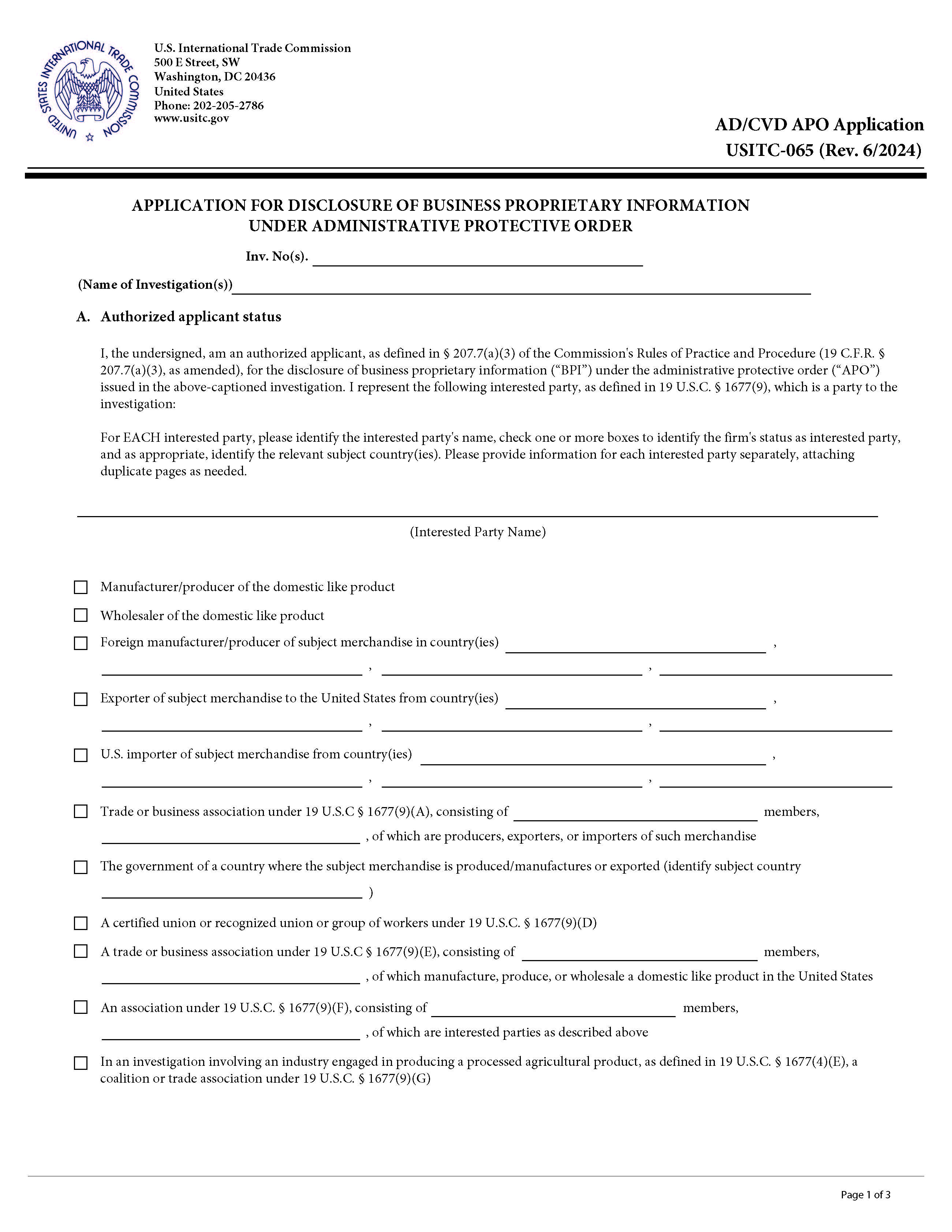 Application For Disclosure Of Business Proprietary Information Under Administrative Protective Order {USITC-065} | Pdf Fpdf Doc Docx | Official Federal Forms