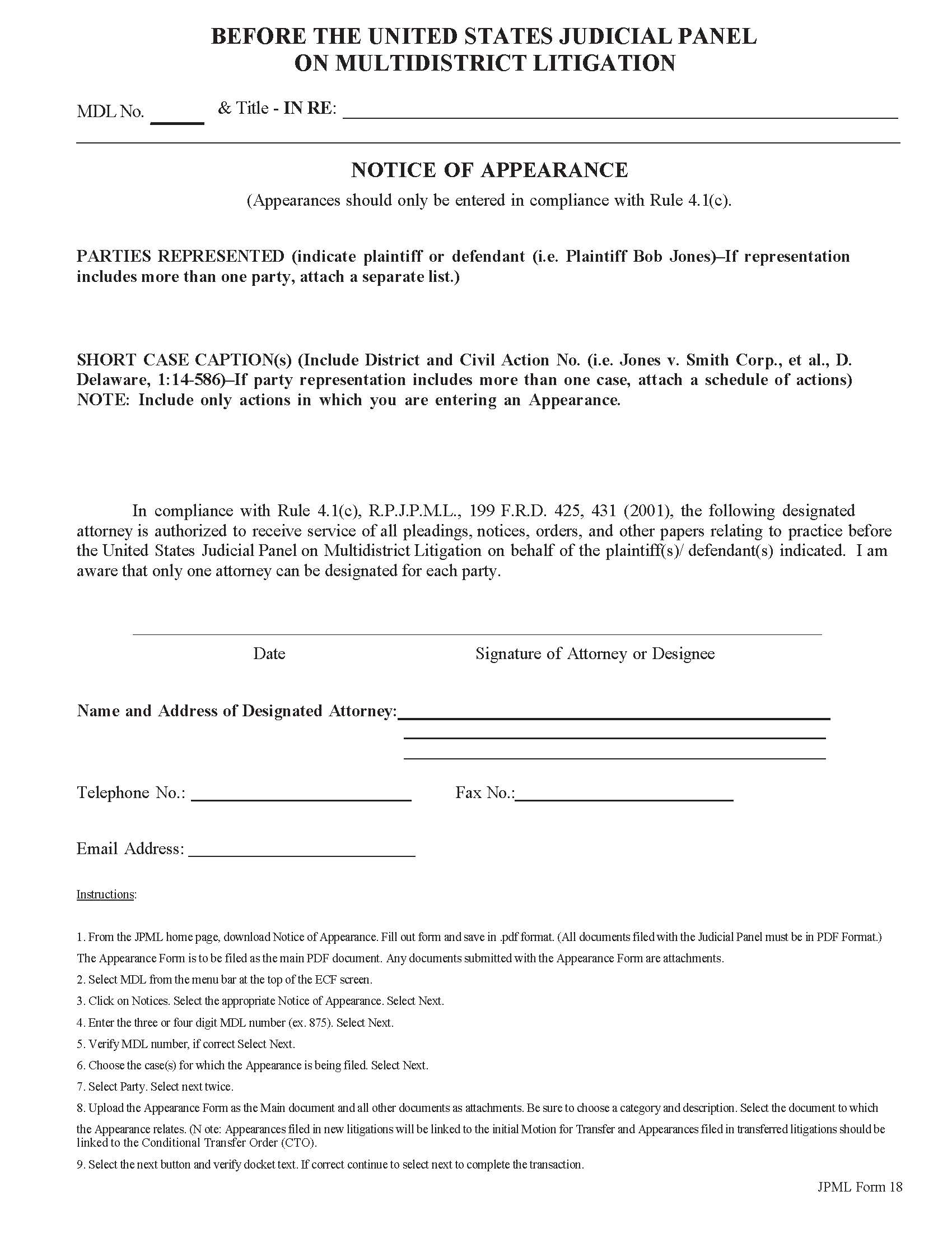 Notice Of Appearance {JPML 18} | Pdf Fpdf Doc Docx | Official Federal Forms