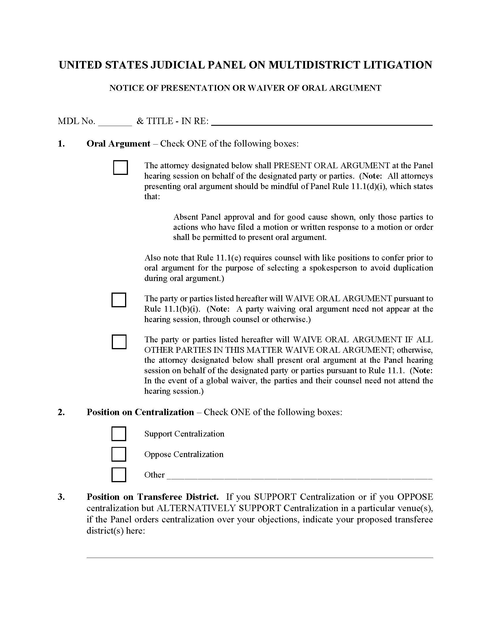Notice Of Presentation Or Waiver Of Oral Argument {JPML 9} | Pdf Fpdf Doc Docx | Official Federal Forms
