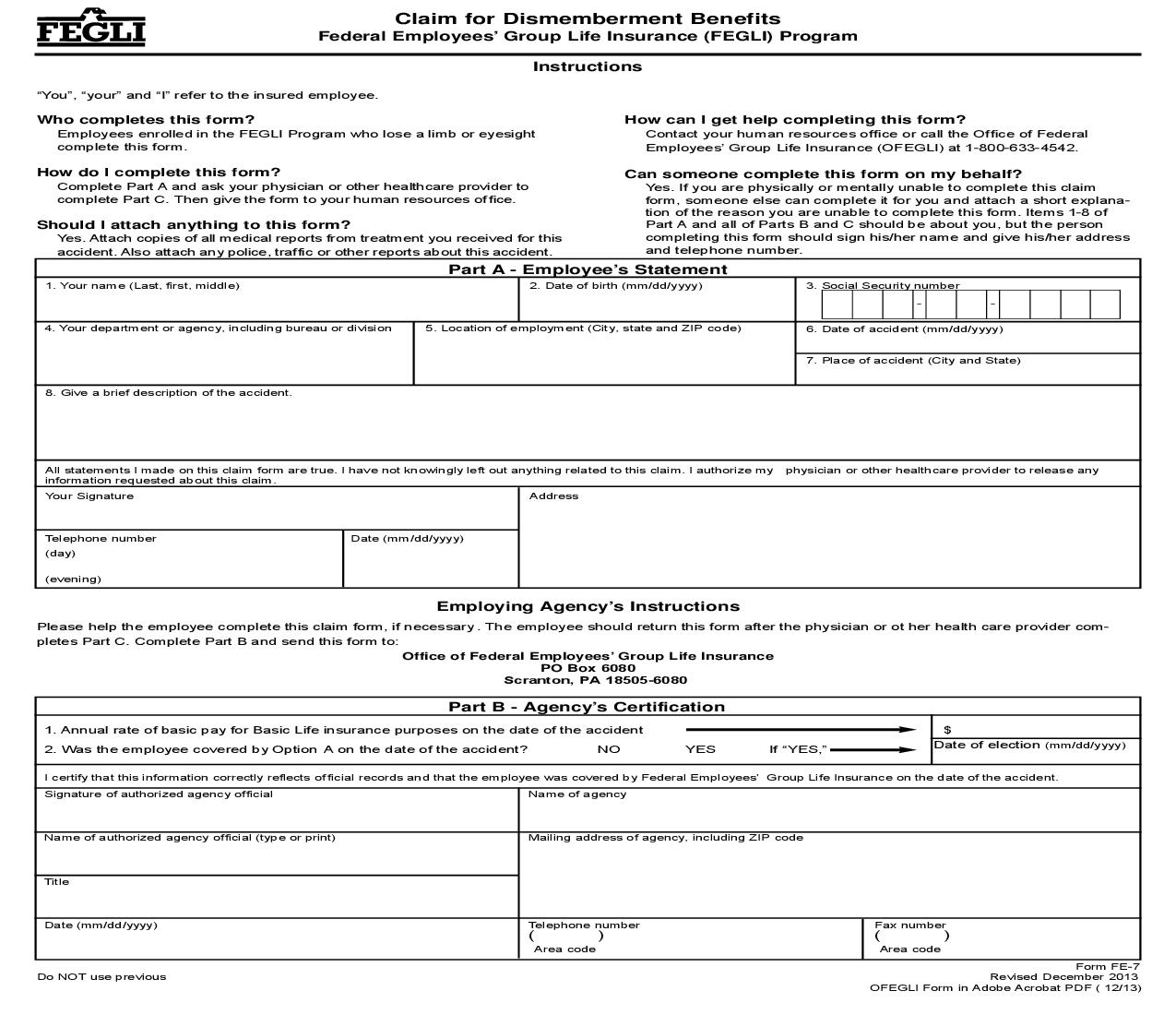 Claim For Dismemberment Benefits {FE-7} | Pdf Fpdf Doc Docx | Official Federal Forms