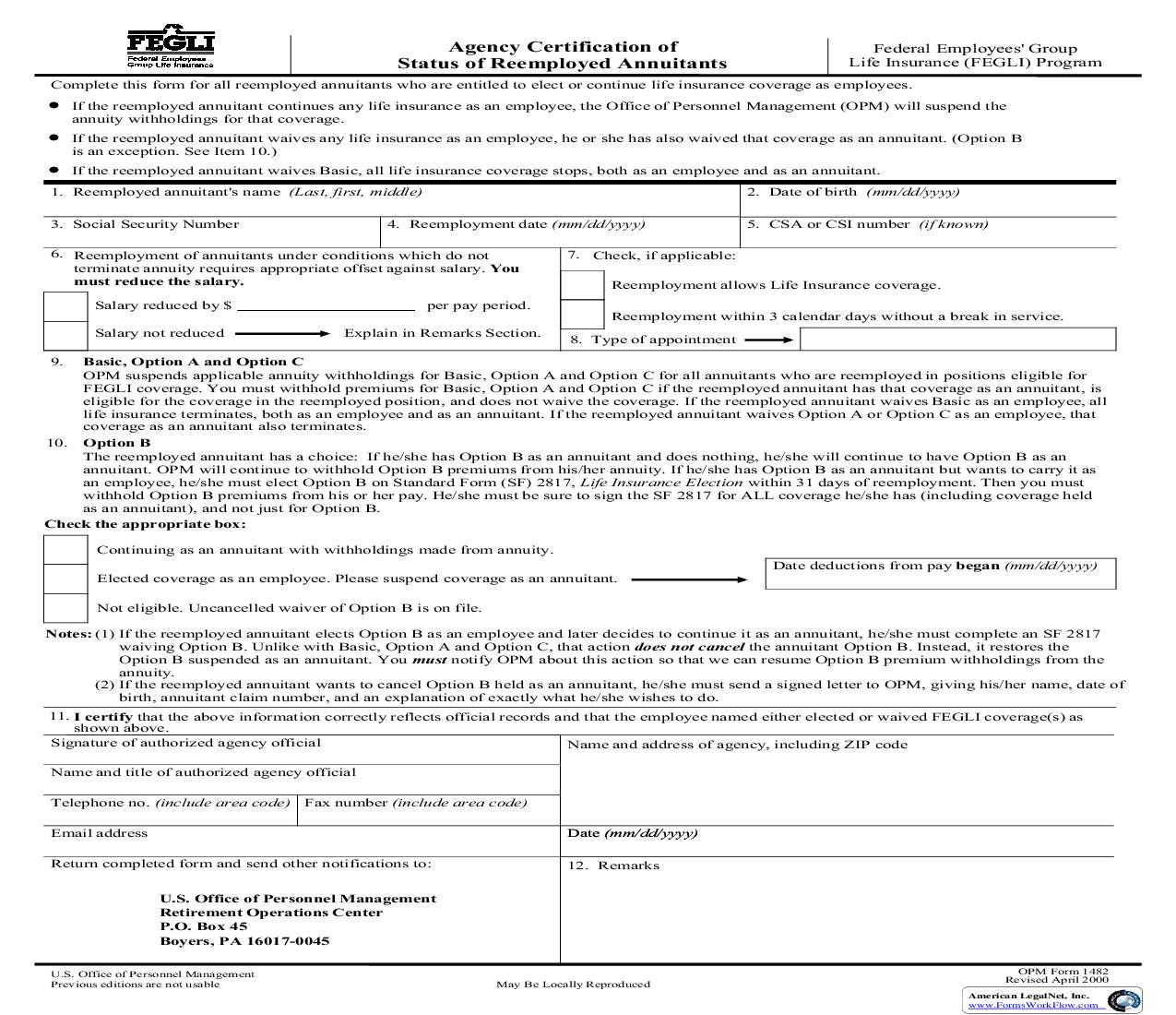 Agency Certification Of Status Or Reemployed Annuitant {OPM 1482} | Pdf Fpdf Doc Docx | Official Federal Forms