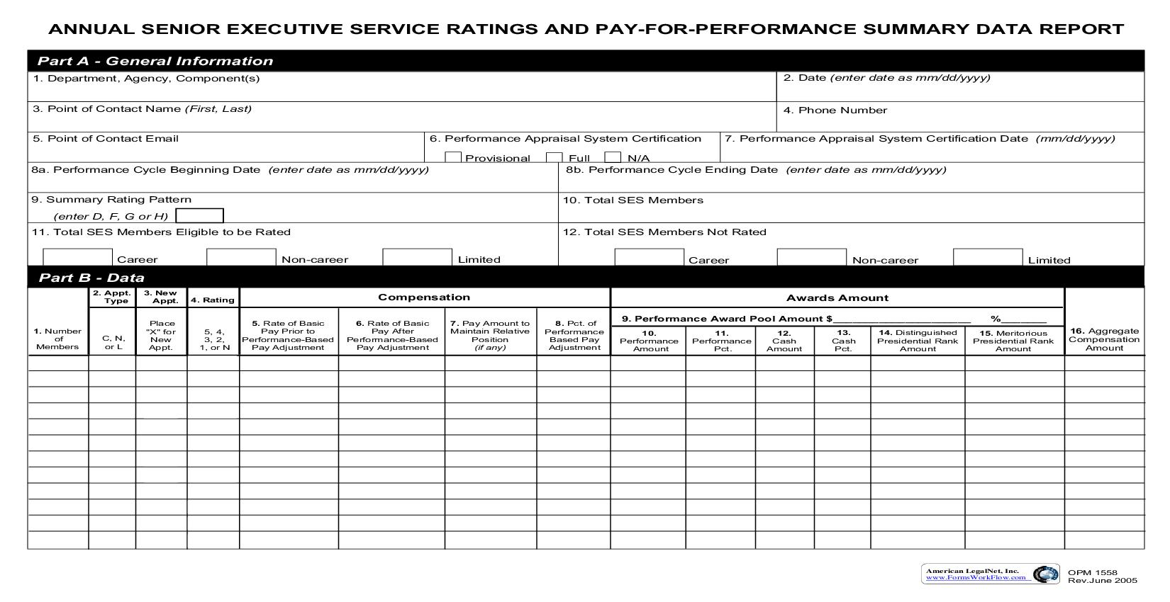 Annual Senior Executive Service Rating And Pay-For-Performance Summary Data Report {OPM 1558} | Pdf Fpdf Doc Docx | Official Federal Forms