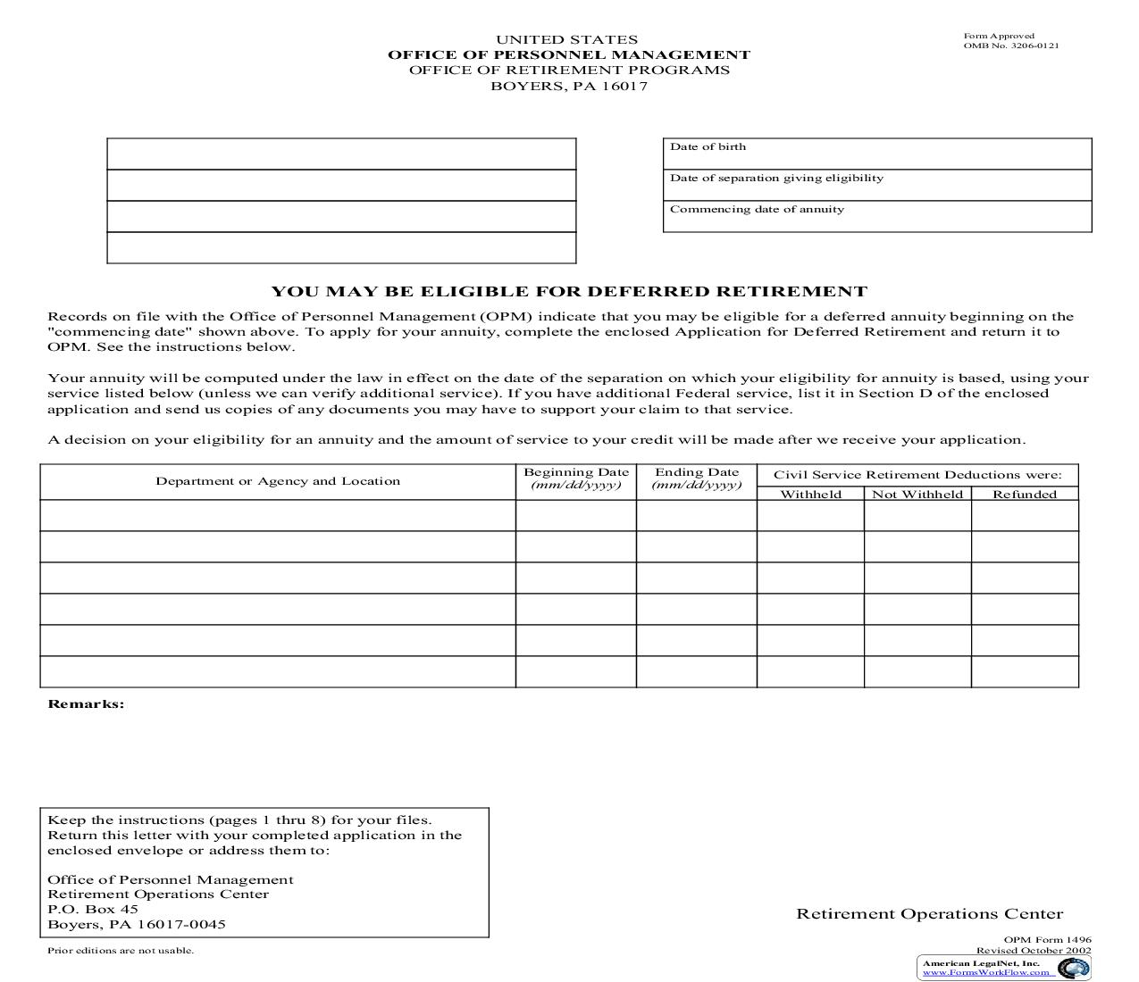 Application For Deferred Retirement (Separations Before October 1 1956) {OPM 1496} | Pdf Fpdf Doc Docx | Official Federal Forms