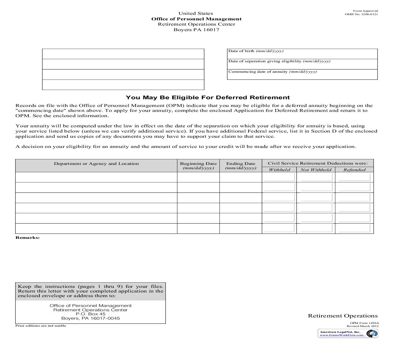 Application For Deferred Retirement (Separations On Or After October 1 1956) {OPM 1496A} | Pdf Fpdf Doc Docx | Official Federal Forms