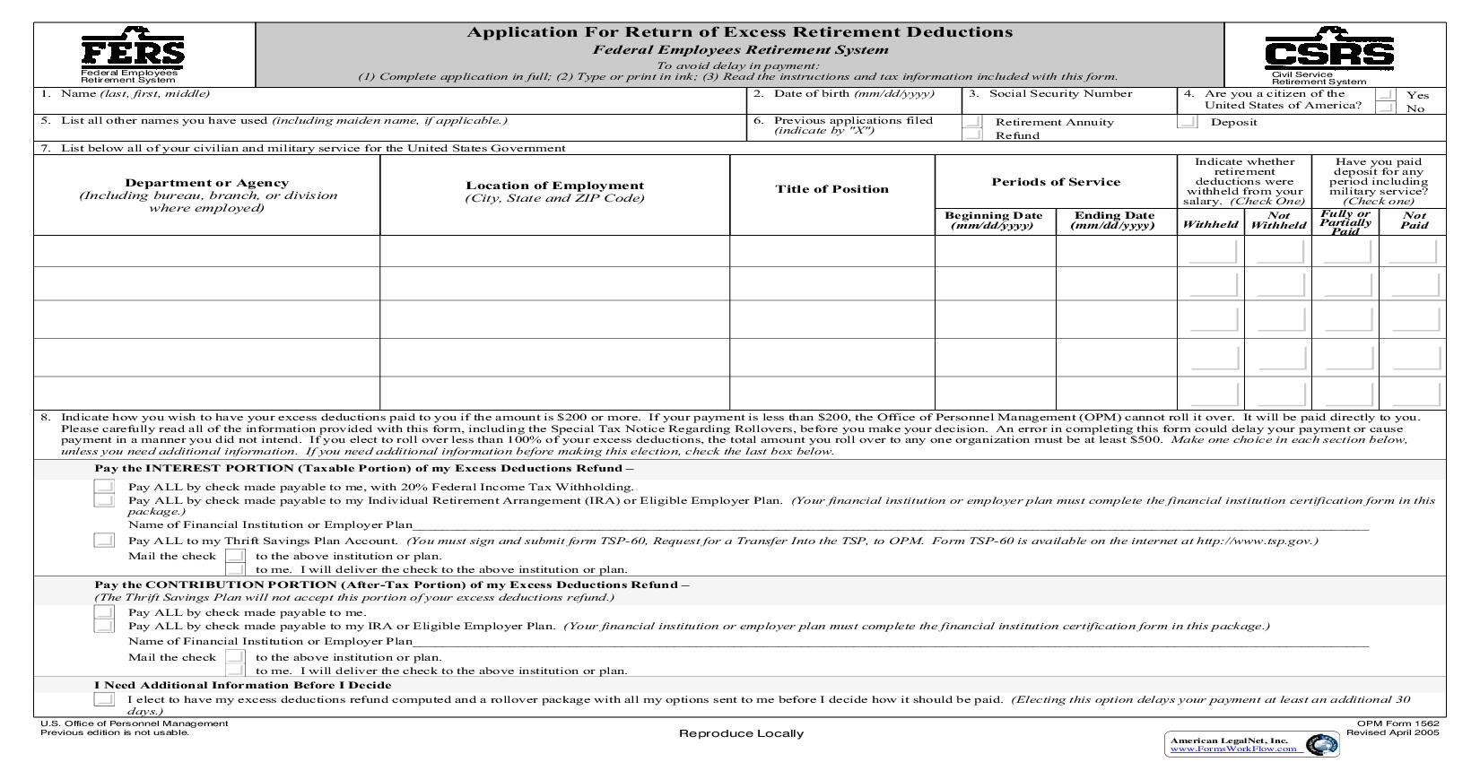 Application For Return Of Excess Retirement Deductions {OPM 1562} | Pdf Fpdf Doc Docx | Official Federal Forms