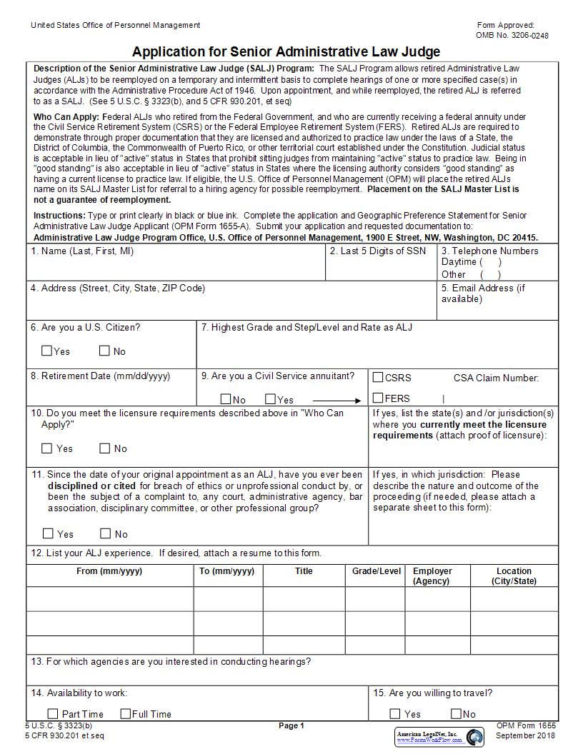 Application For Senior Administrative Law Judge {OPM 1655} | Pdf Fpdf Docx | Official Federal Forms