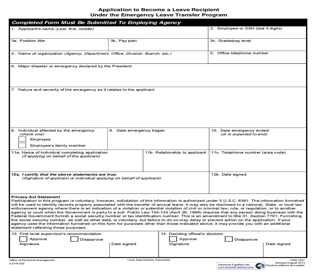 Application To Become A Leave Recipient Under The Emergency Leave Transfer Program {OPM 1637} | Pdf Fpdf Doc Docx | Official Federal Forms