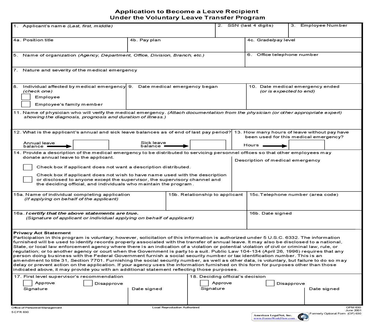 Application To Become A Leave Recipient Under The Voluntary Leave Transfer Program {OPM 630} | Pdf Fpdf Doc Docx | Official Federal Forms