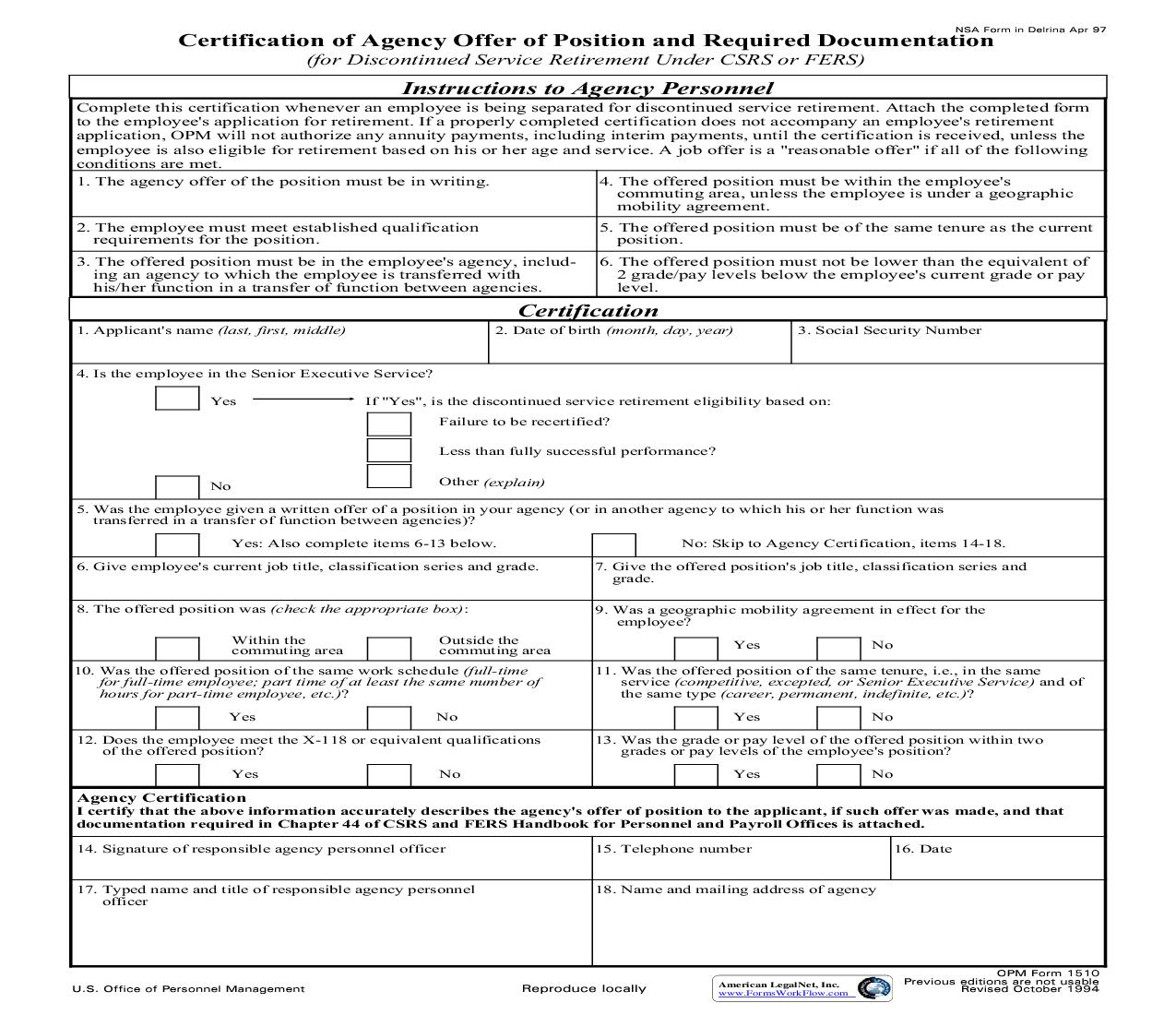 Certification Of Agency Officer Of Position And Required Documentation {OPM 1510} | Pdf Fpdf Doc Docx | Official Federal Forms