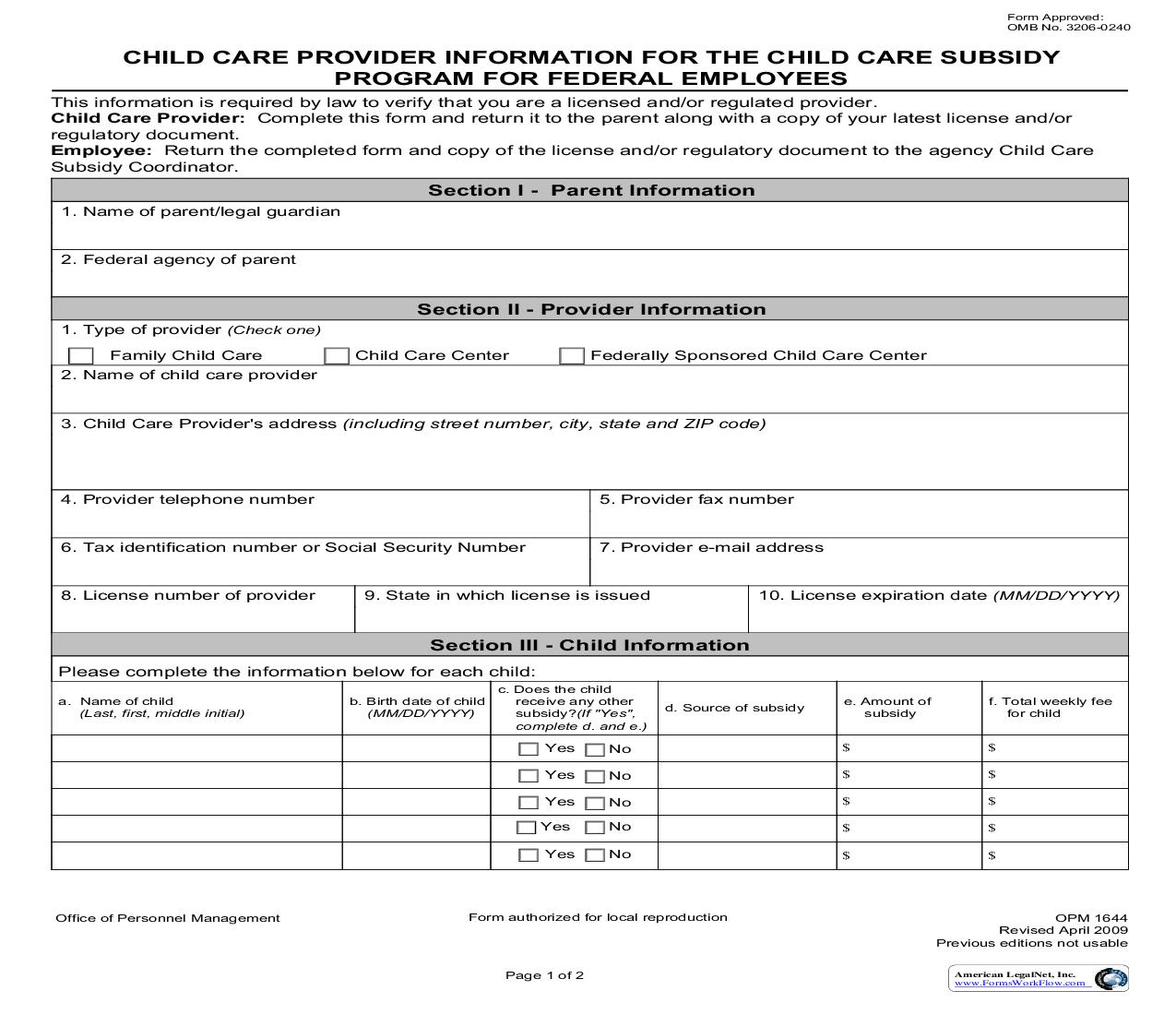Child Care Provider Information For Child Care Subsidy Program For Federal Employees {OPM 1644} | Pdf Fpdf Doc Docx | Official Federal Forms