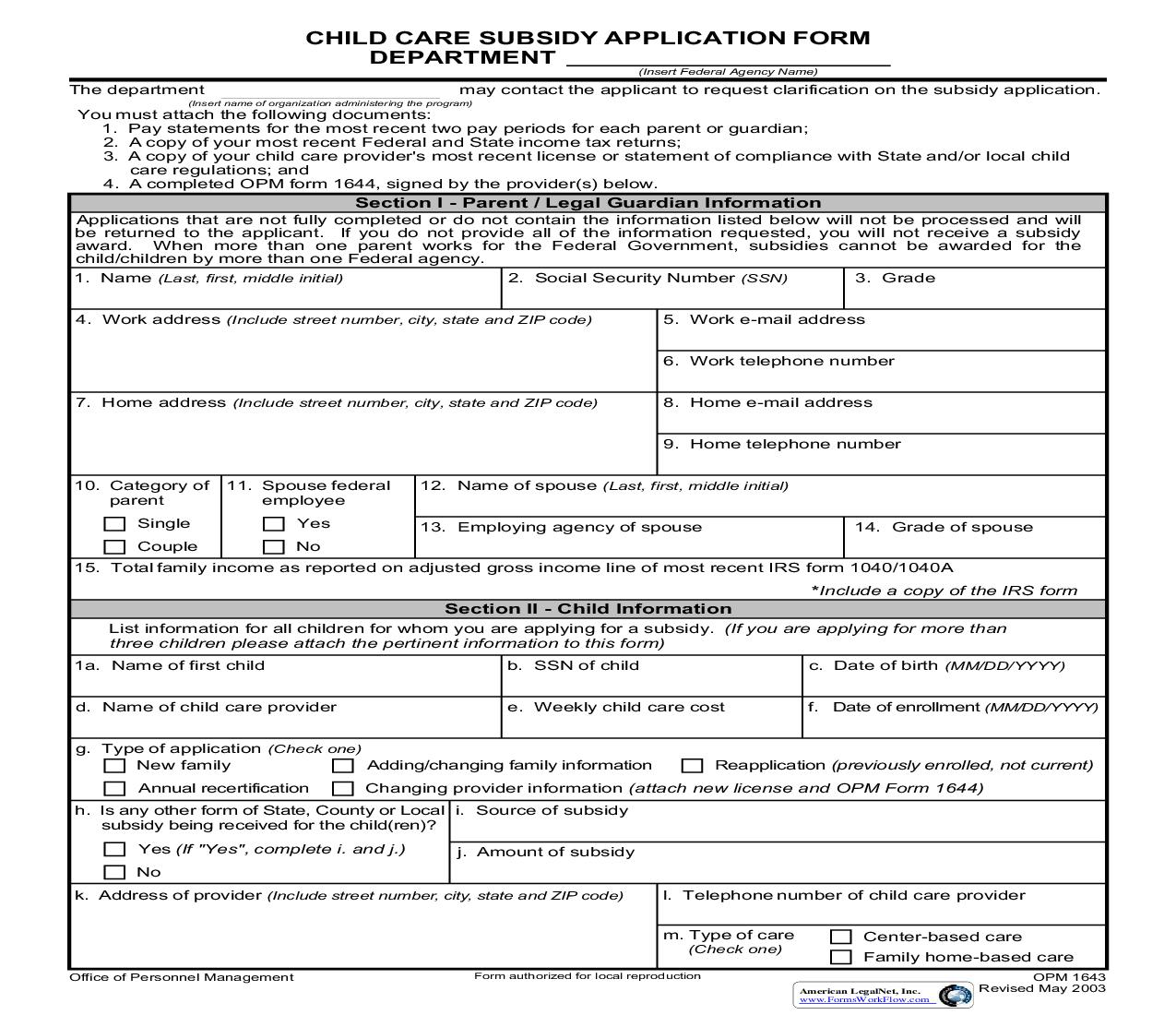 Child Care Subsidy Application Form {OPM 1643} | Pdf Fpdf Doc Docx | Official Federal Forms