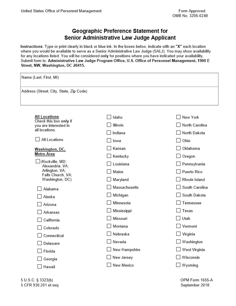Geographic Preference For Senior Administrative Law Judge {OPM 1655A} | Pdf Fpdf Doc Docx | Official Federal Forms
