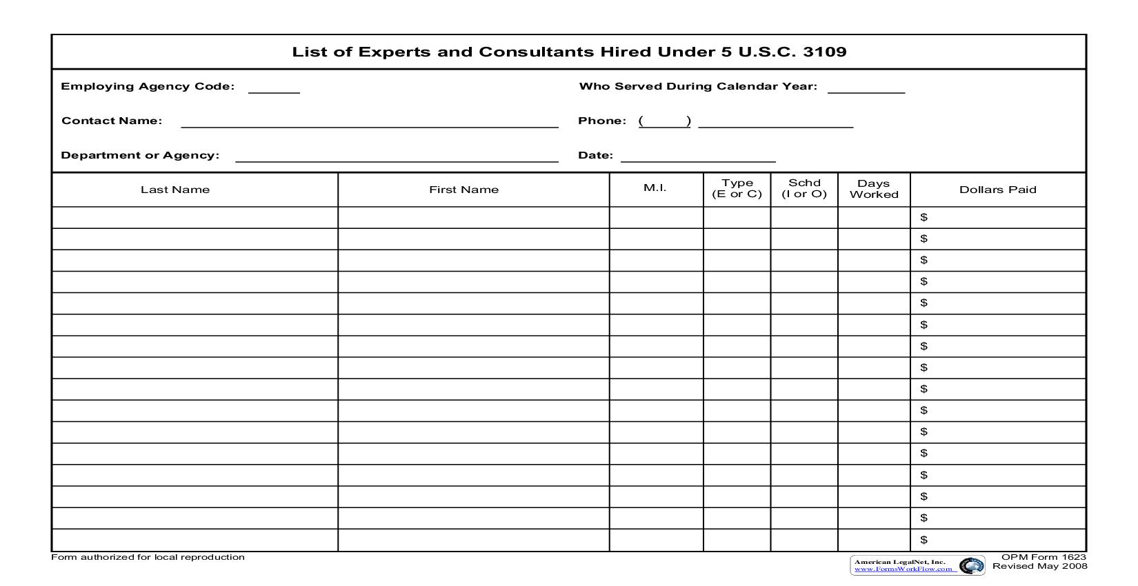 List Of Experts And Consultants Hired Under 5 USC 3109 {OPM 1623} | Pdf Fpdf Doc Docx | Official Federal Forms