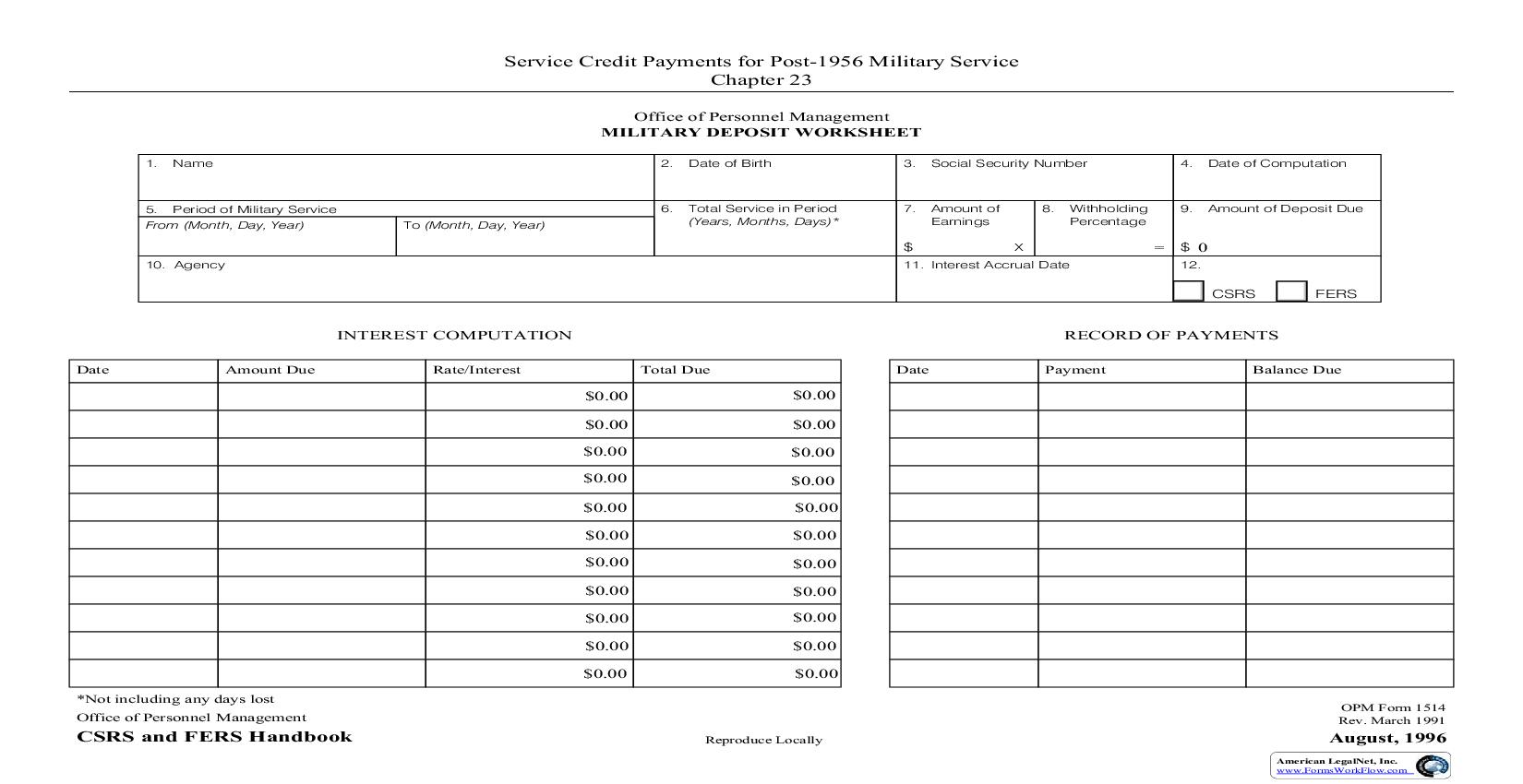 Military Deposit Worksheet {OPM 1514} | Pdf Fpdf Doc Docx | Official Federal Forms