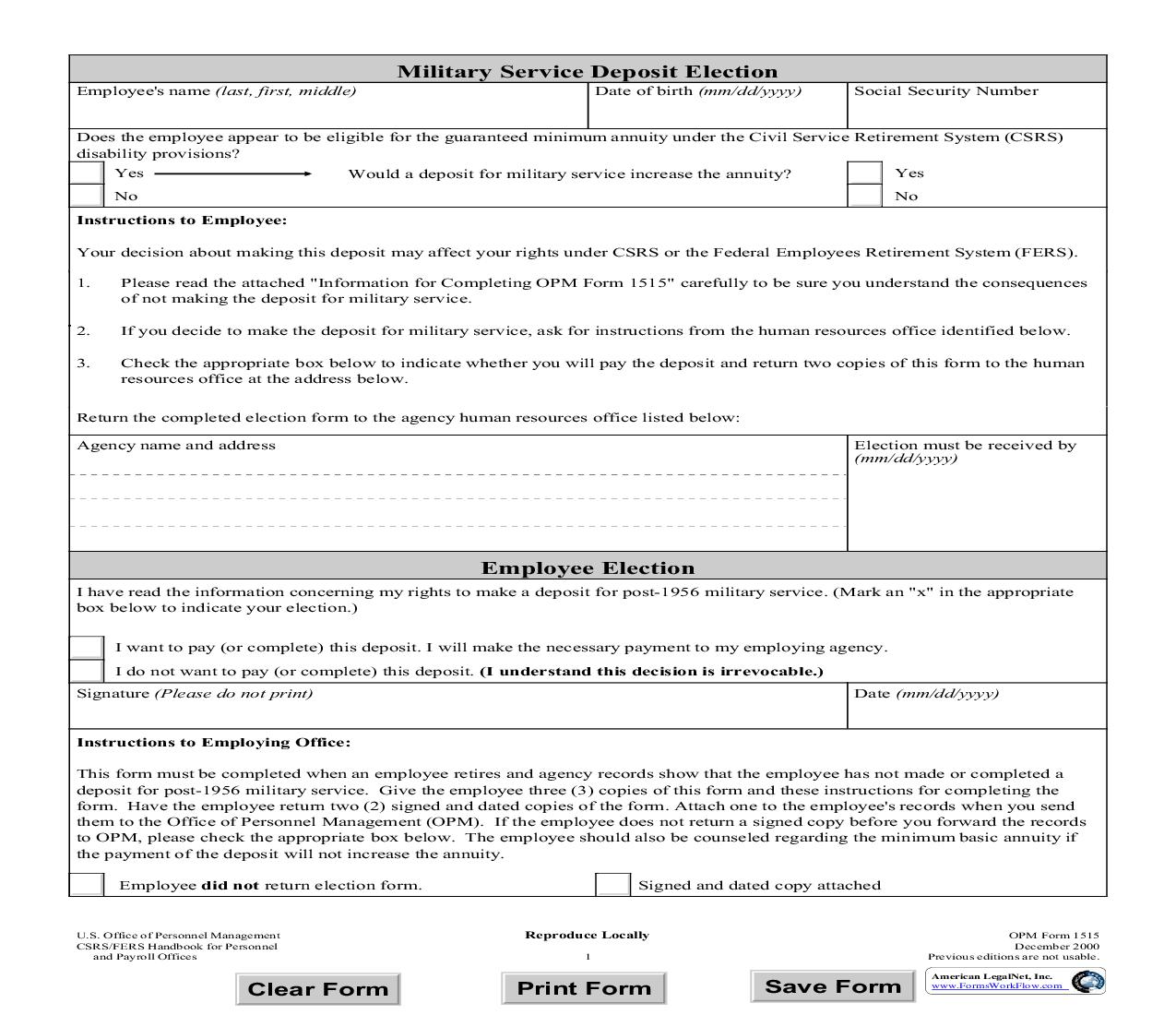 Military Service Deposit Election {OPM 1515} | Pdf Fpdf Doc Docx | Official Federal Forms