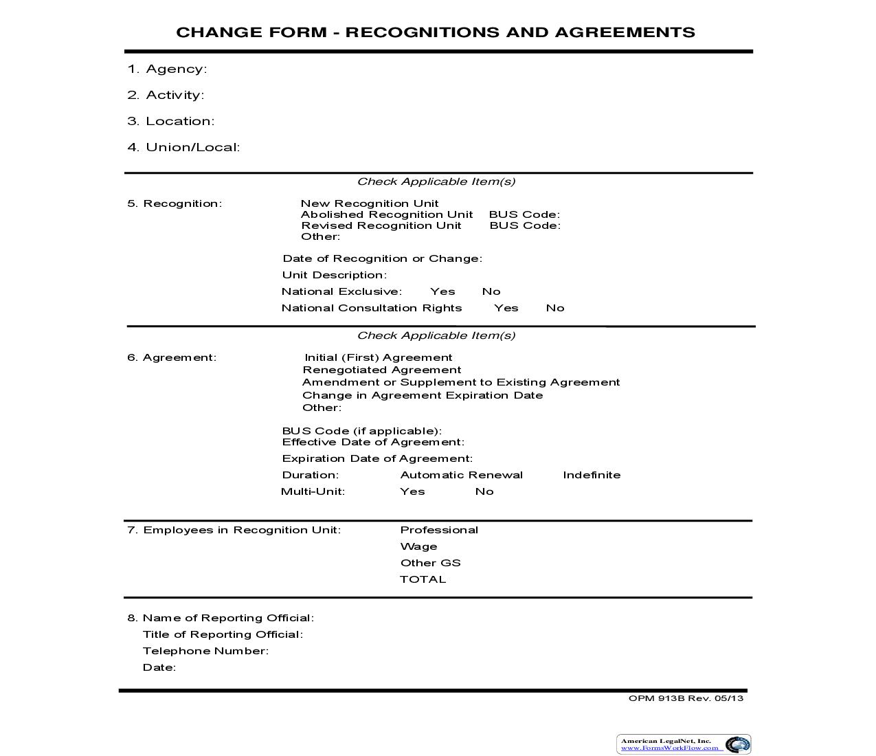 Recognitions And Agreements Change Form {OPM 913B} | Pdf Fpdf Doc Docx | Official Federal Forms