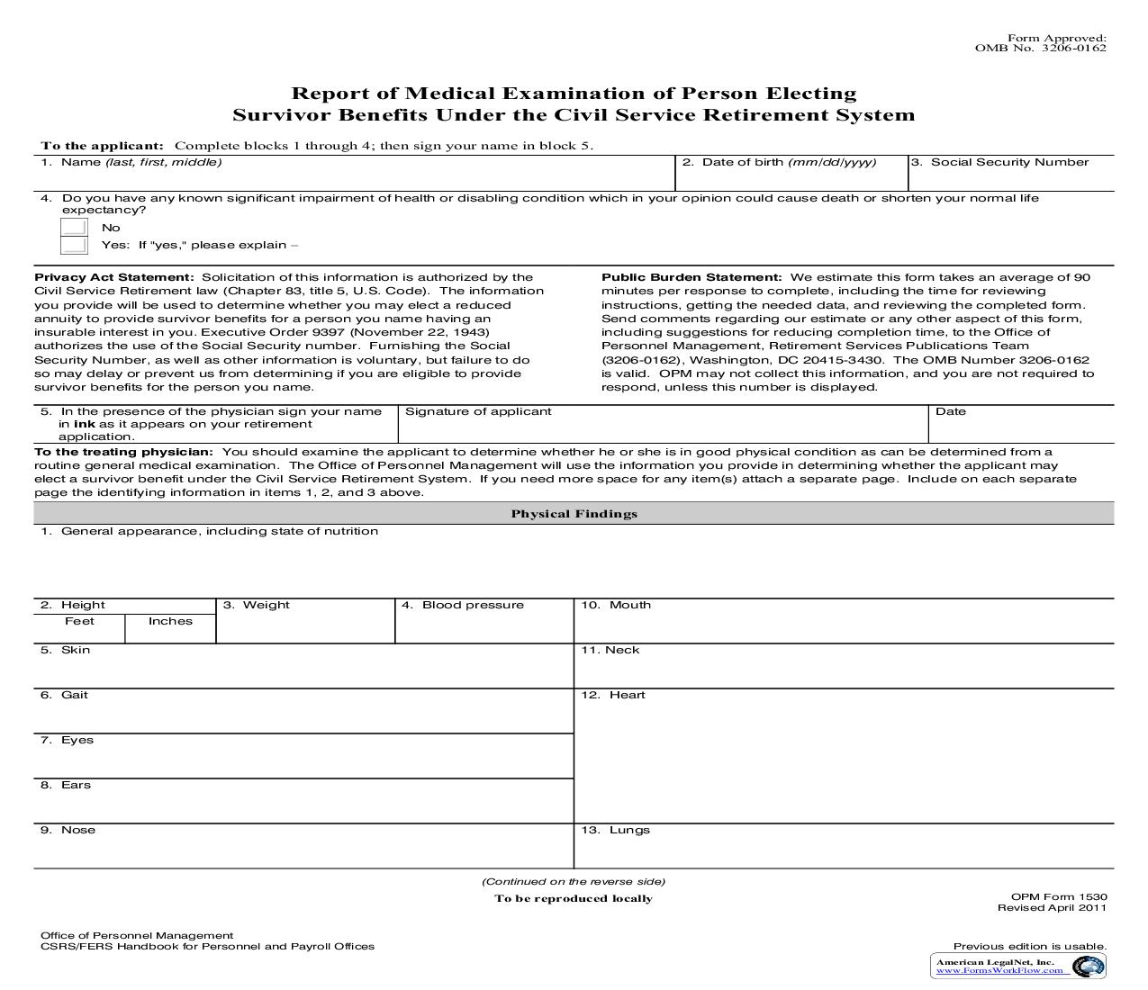 Report Of Medical Examination Of Person Electing Survivor Benefit {OPM 1530} | Pdf Fpdf Doc Docx | Official Federal Forms