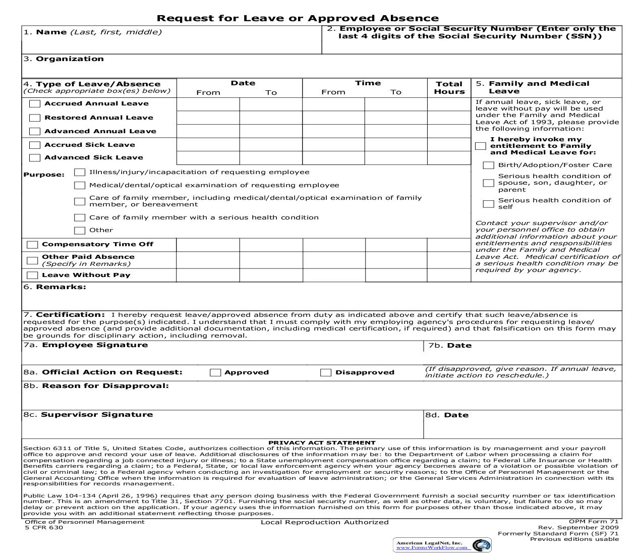 Request For Leave Or Approved Absence {OPM 71} | Pdf Fpdf Doc Docx | Official Federal Forms