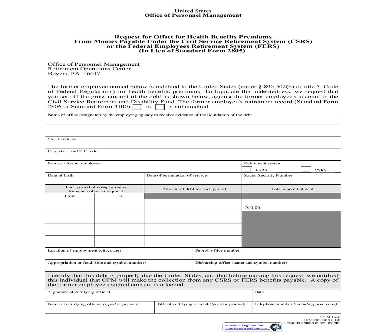 Request For Offset For Health Benefits Premiums From Monies Payable {OPM 1522} | Pdf Fpdf Doc Docx | Official Federal Forms