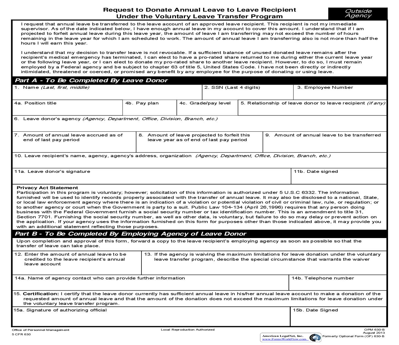 Request To Donate Annual Leave To Leave Recipient (Outside Agency) {OPM 630B} | Pdf Fpdf Doc Docx | Official Federal Forms