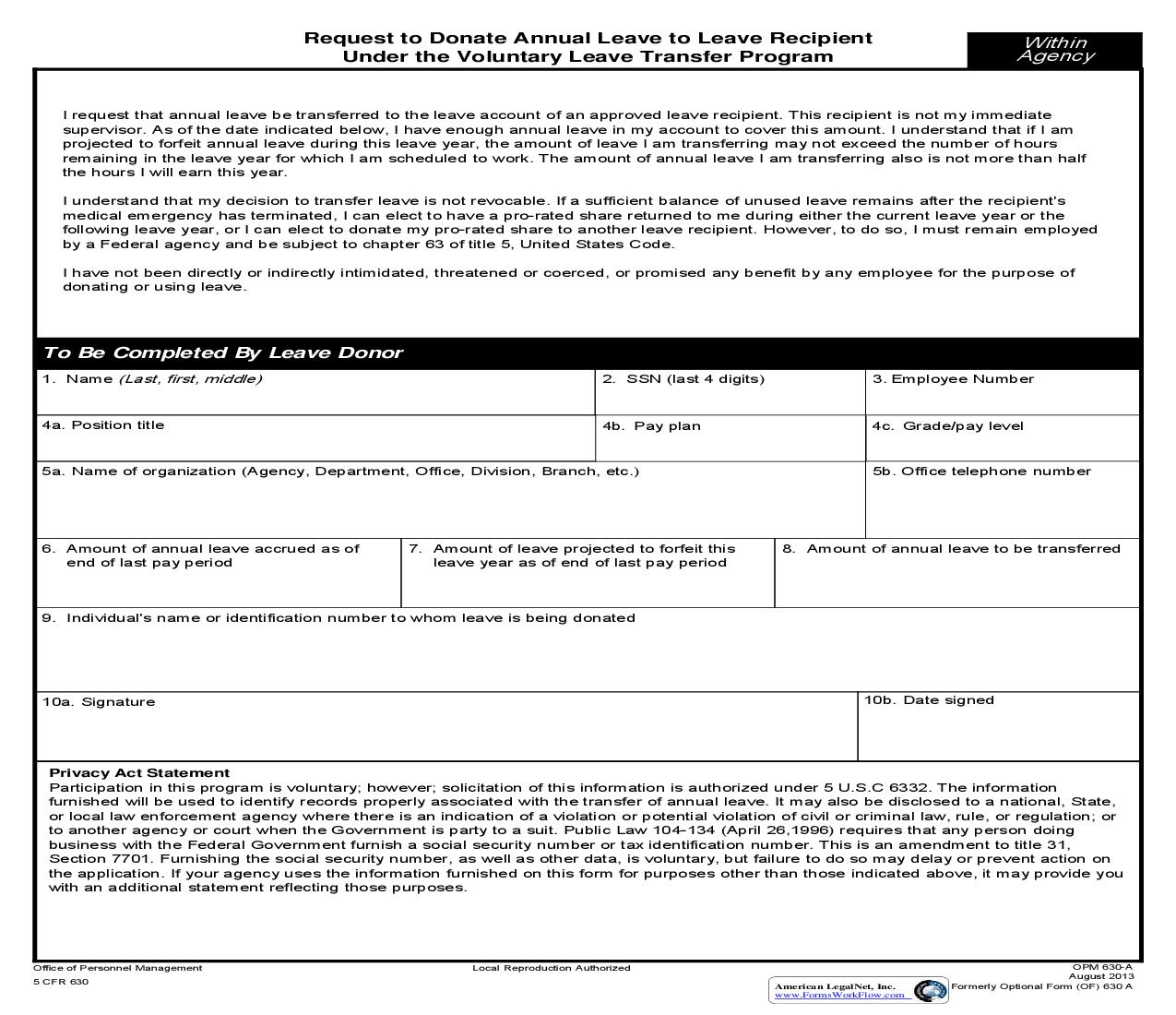 Request To Donate Annual Leave To Leave Recipient (Within Agency) {OPM 630A} | Pdf Fpdf Doc Docx | Official Federal Forms
