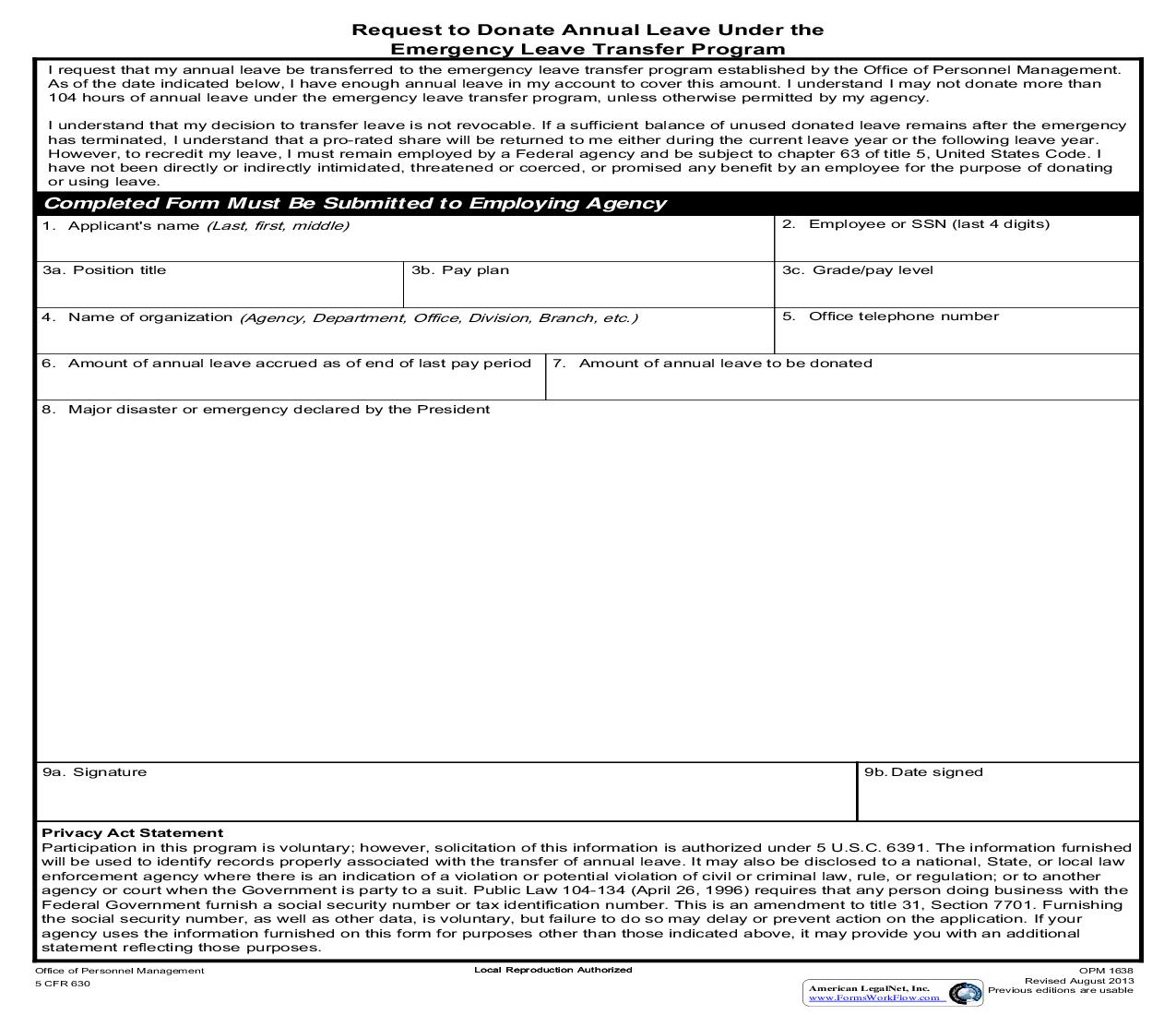 Request To Donate Annual Leave Under The Emergency Leave Transfer Program {OPM 1638} | Pdf Fpdf Doc Docx | Official Federal Forms