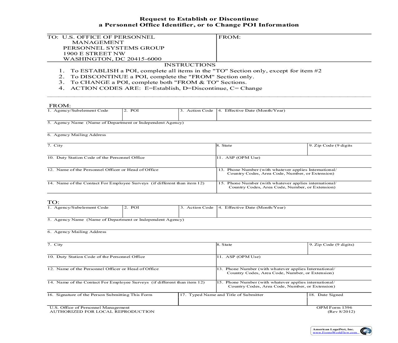 Request To Establish Or Discontinue A Personnel Office Identifier {OPM 1396} | Pdf Fpdf Doc Docx | Official Federal Forms