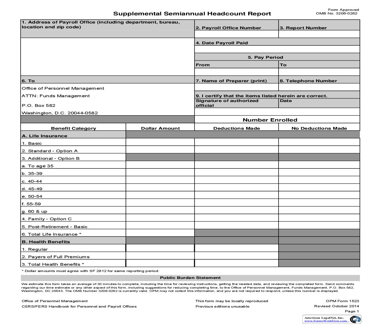 Supplemental Semiannual Headcount Report {OPM 1523} | Pdf Fpdf Doc Docx | Official Federal Forms