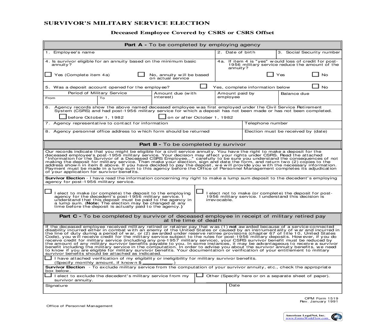 Survivors Military Service Election-Deceased Employee Covered {OPM 1519} | Pdf Fpdf Doc Docx | Official Federal Forms