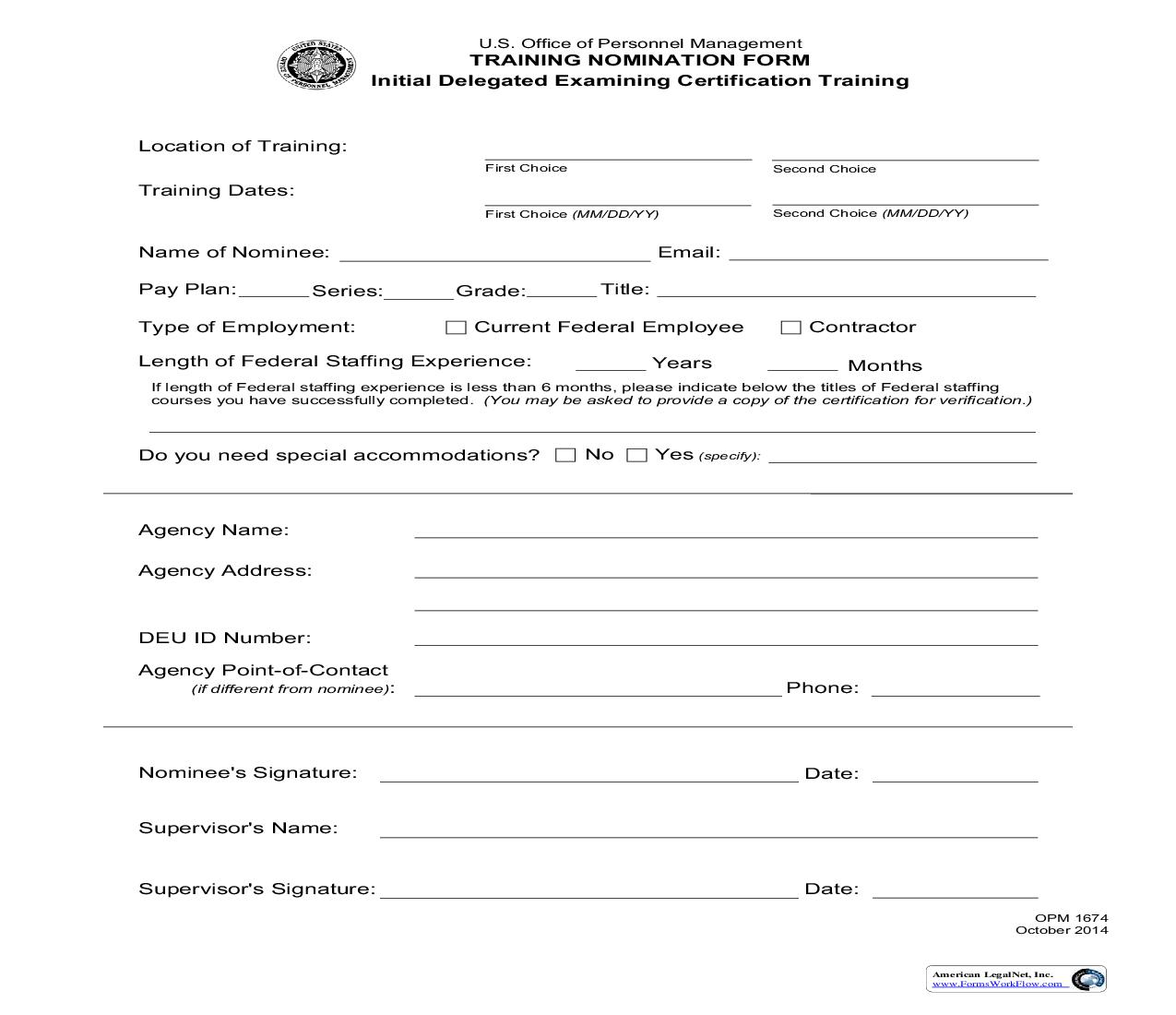 Training Nomination And Employee Assessment Delegated Examing Training {OPM 1674} | Pdf Fpdf Doc Docx | Official Federal Forms
