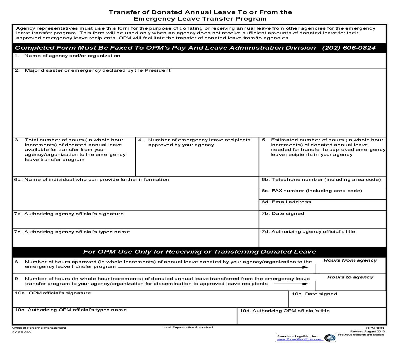 Transfer Of Donated Annual Leave To-From The Emergency Leave Transfer Program {OPM 1639} | Pdf Fpdf Doc Docx | Official Federal Forms