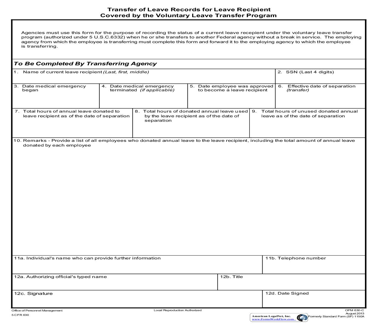 Transfer Of Leave Records For Leave Recipient {OPM 630C} | Pdf Fpdf Doc Docx | Official Federal Forms