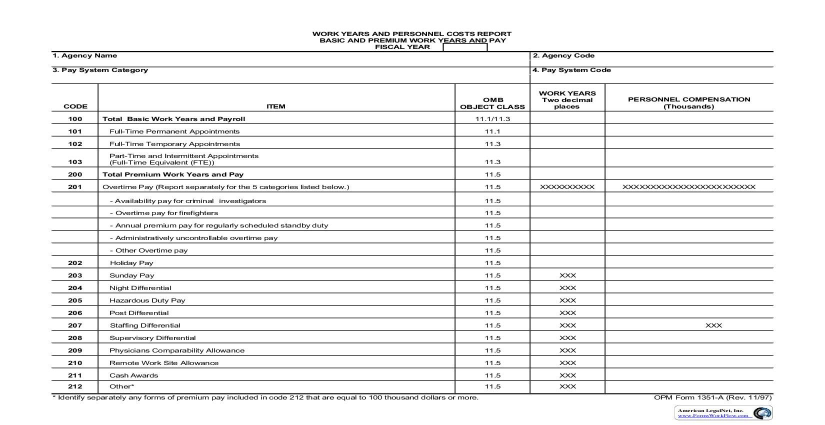 Work Years And Personnel Costs Report-Basic And Premium Work Years {OPM 1351A} | Pdf Fpdf Doc Docx | Official Federal Forms