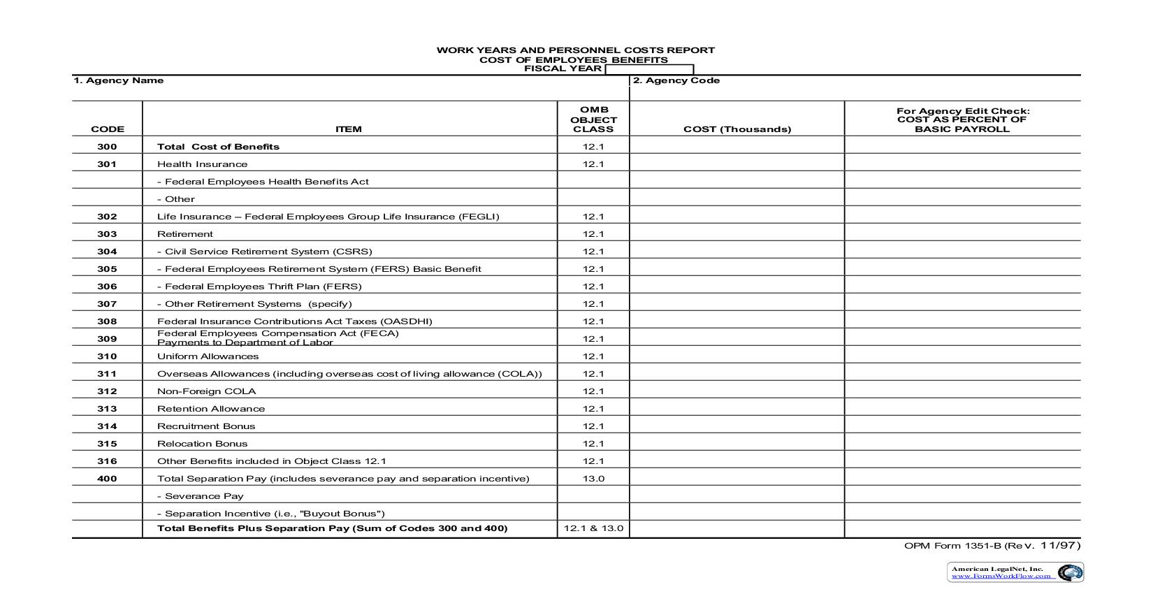 Work Years And Personnel Costs Report-Cost Of Employees Benefits {OPM 1351B} | Pdf Fpdf Doc Docx | Official Federal Forms