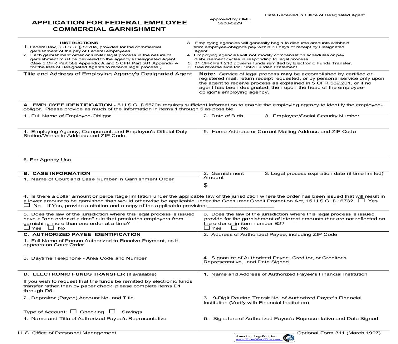 Application For Federal Employee Commercial Garnishment {OF 311} | Pdf Fpdf Doc Docx | Official Federal Forms